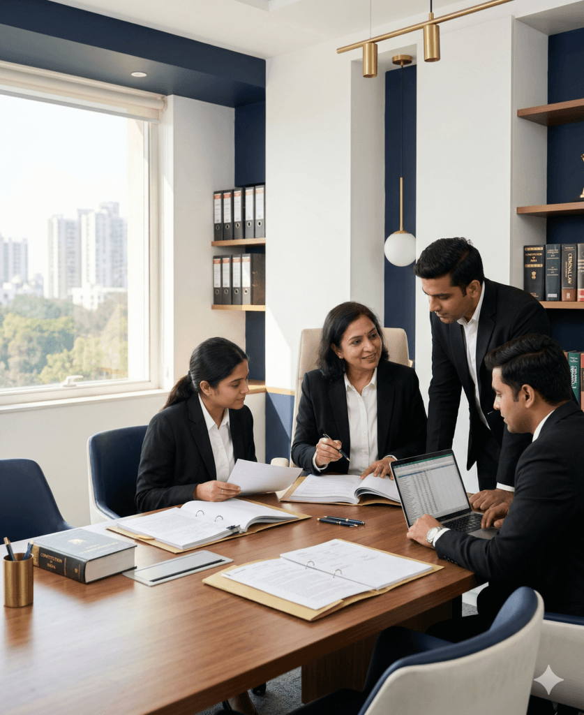 Legal team at Aditi Srivastava’s office in Delhi reviewing case files