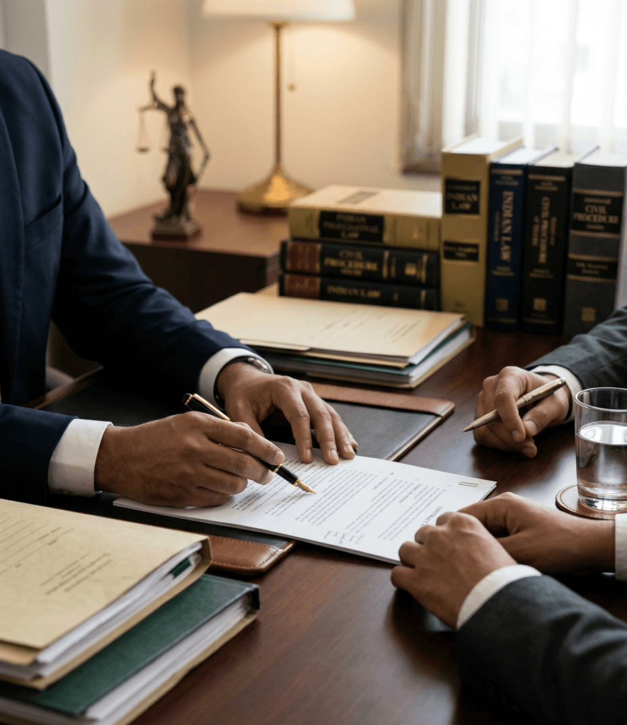 Indian legal consultation scene in a professional Delhi office with documents, case files, and advocate discussion.