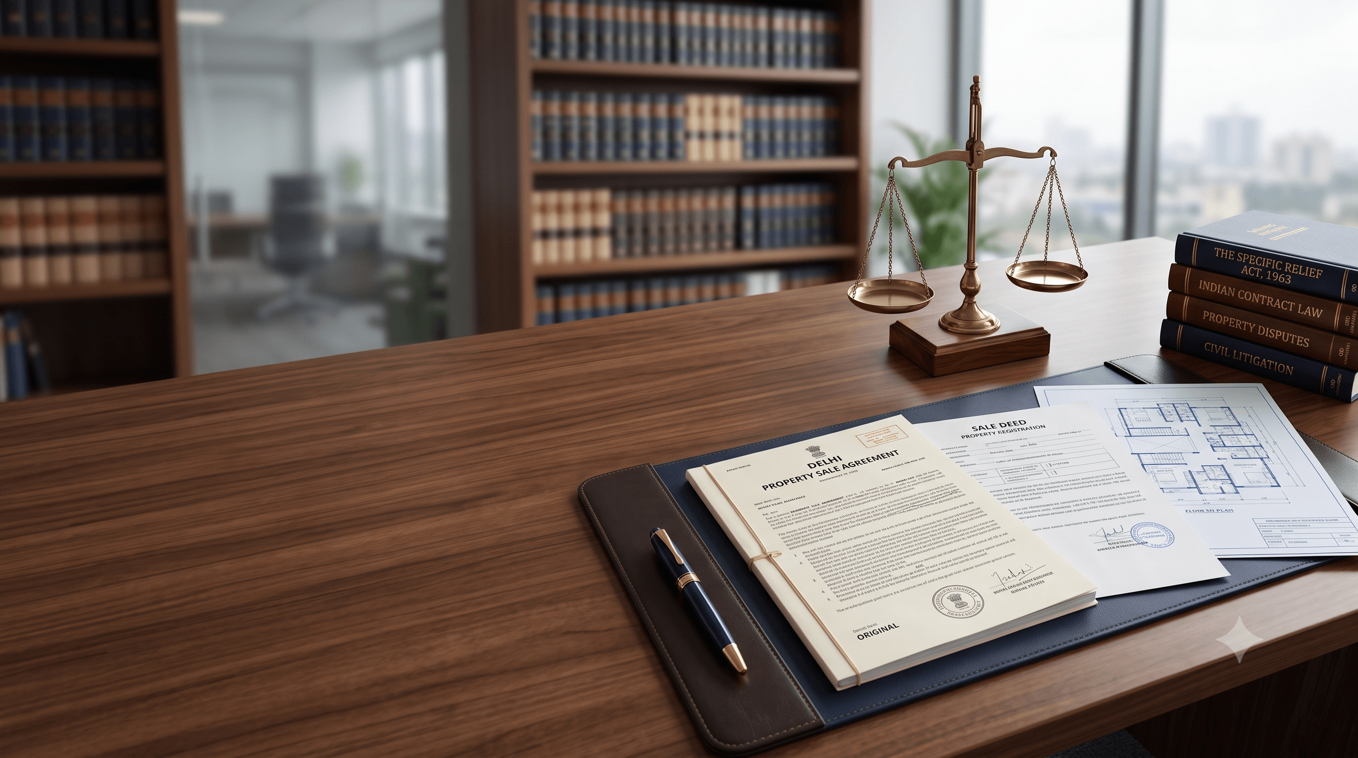 Suit for Specific Performance Lawyer in Delhi with legal agreement papers, law books, and scales of justice